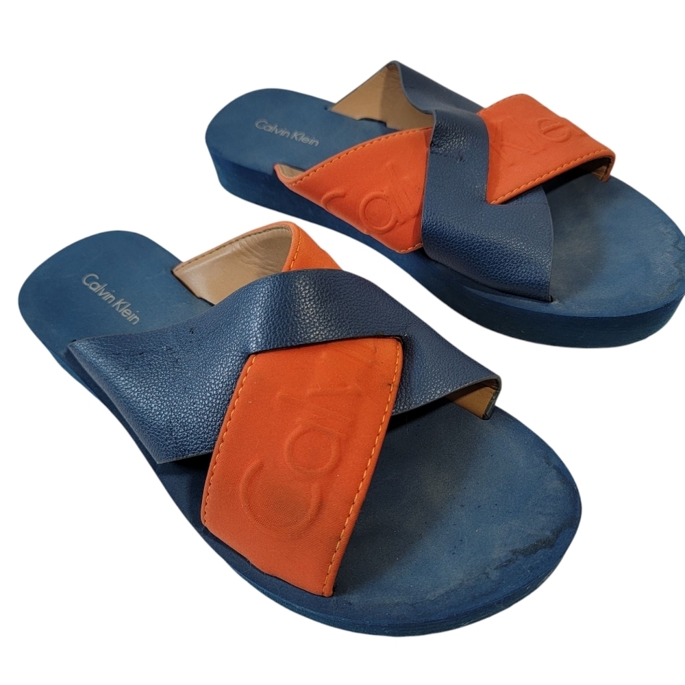 Calvin Klein IVANA Platform Sandals Sz 9 Navy Orange Casual Comfort Minimalist